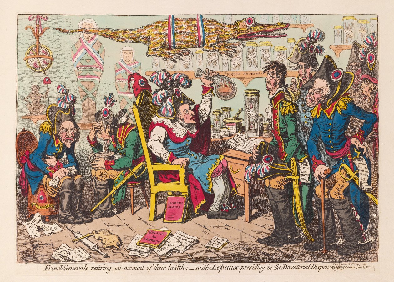Franska generaler som går i pension på grund av sin hälsa:- med Lepaux som ordförande i Directorial Dispensary, pub. 1799 (handfärgad gravyr) av James Gillray