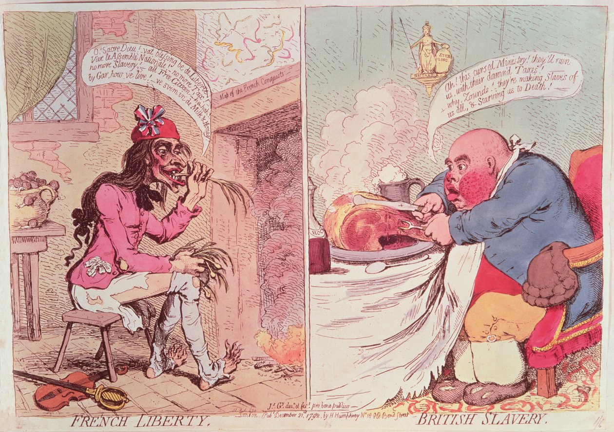 Fransk frihet: Brittiskt slaveri, ca 1789, satirisk teckning av James Gillray