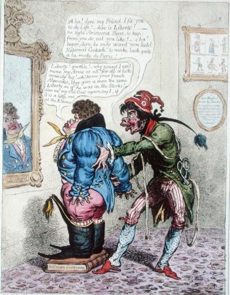 Franska Taylor förser John Bull med en "Jean de Bry", publicerad av Hannah Humphrey 1799 (handfärgad etsning) av James Gillray
