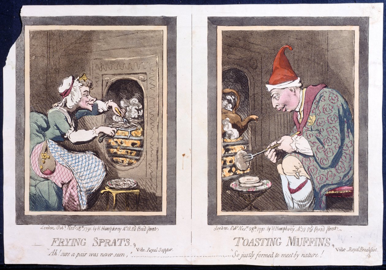 Frying Sprats, or Royal Supper, och Toasting Muffins, or Royal Breakfast, utgiven av Hannah Humphrey 1791 (handkolorerad etsning). av James Gillray