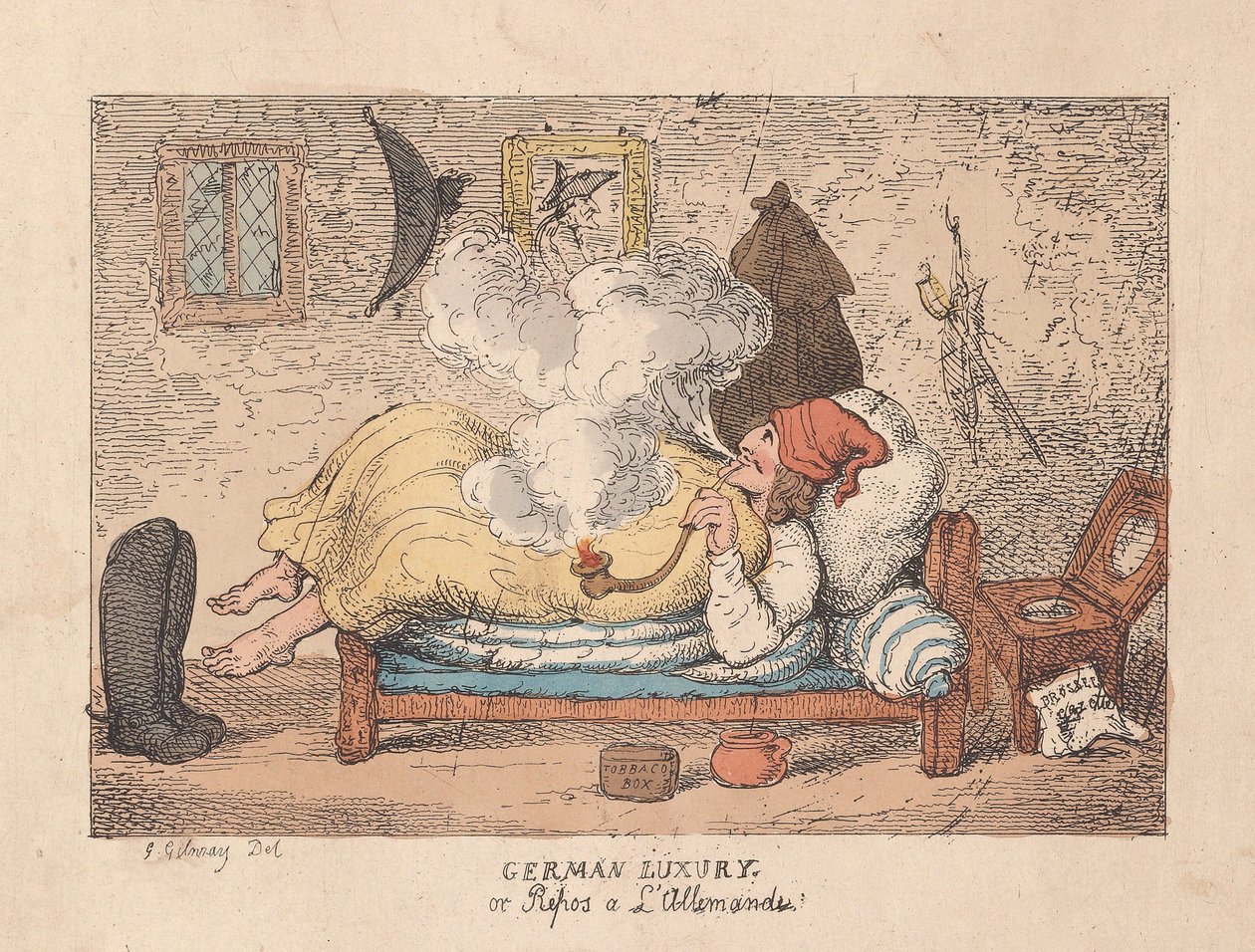 German Luxury eller Repos a LAllemande, pub. 1800 (handfärgad gravyr) av James Gillray