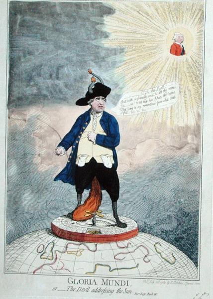 Gloria Mundi, eller The Devil Addressing the Sun, publicerad av William Humphrey 1782 (handfärgad gravyr) av James Gillray