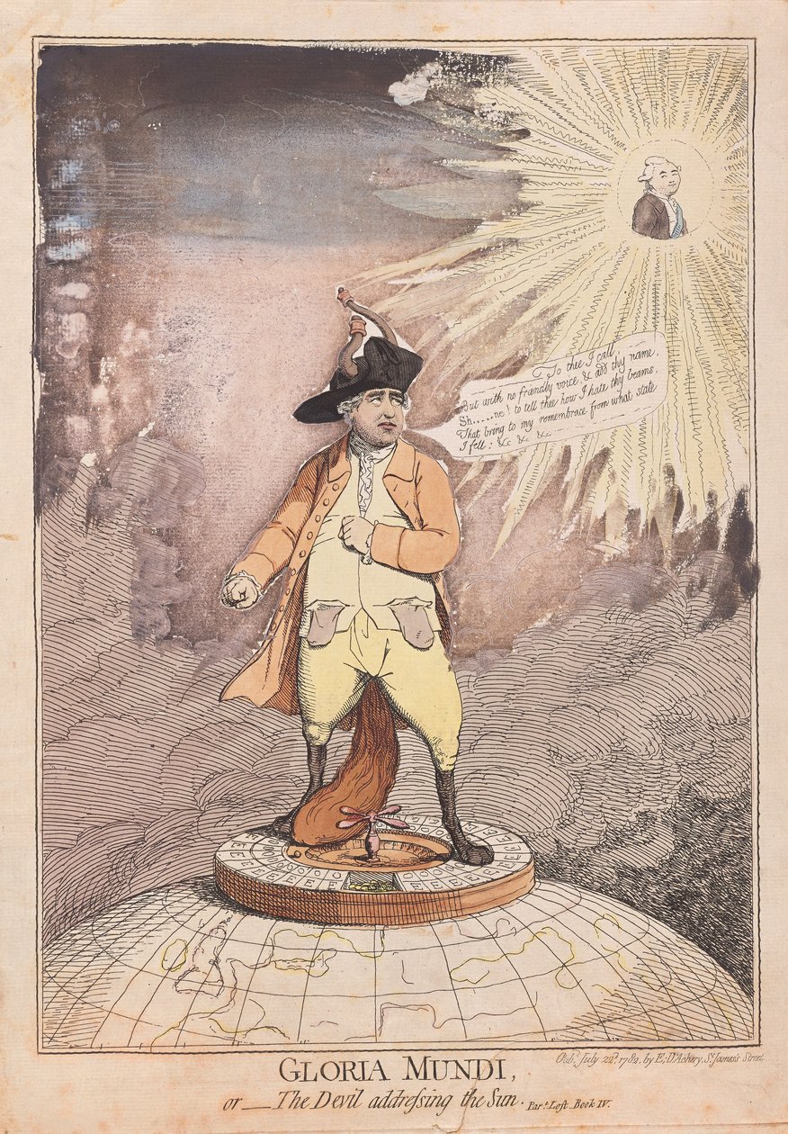Gloria Mundi, eller Djävulen som tilltalar solen, pub. 1782 (handfärgad gravyr) av James Gillray