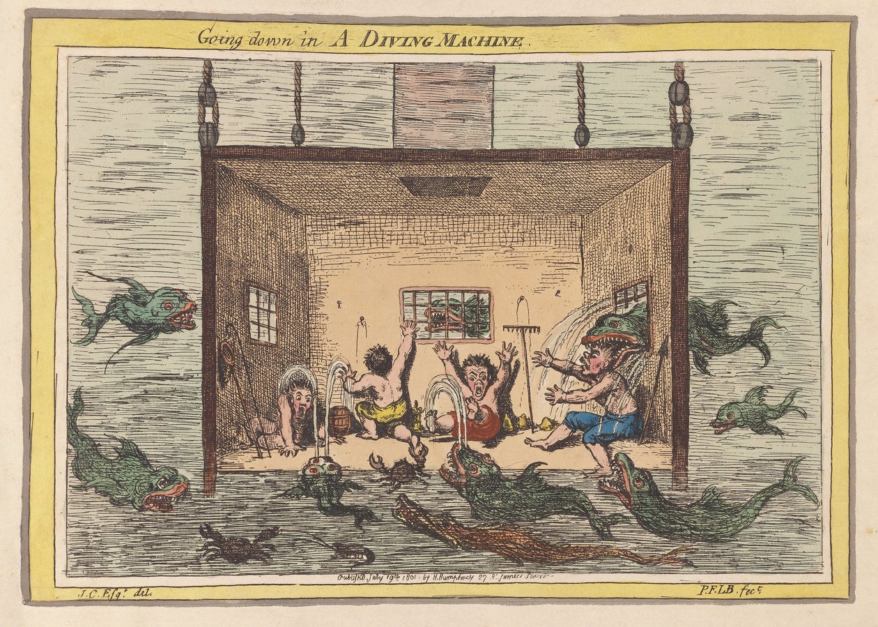 Going down in a Diving Machine, pub 1801 (handfärgad gravyr) av James Gillray