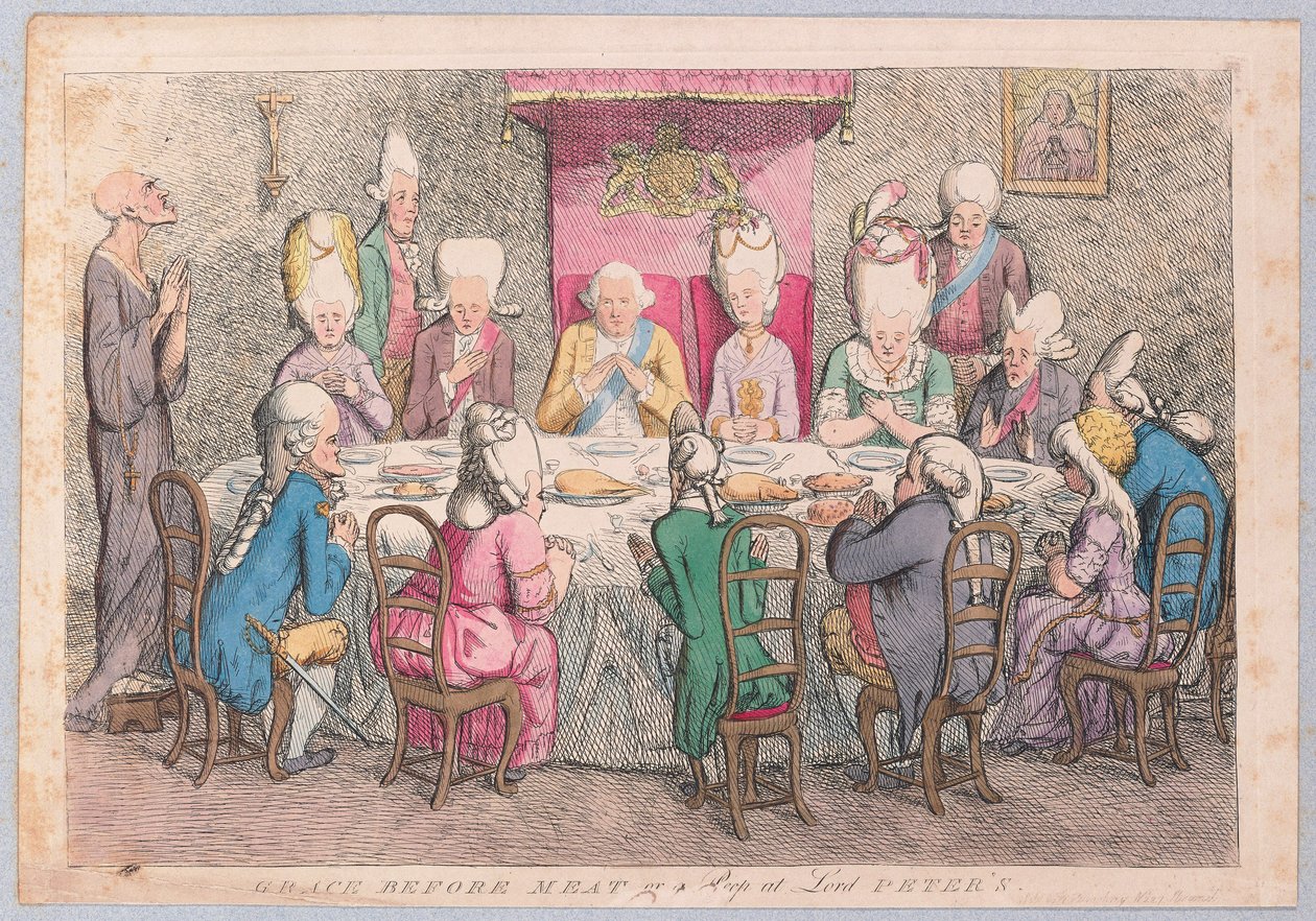 Grace before Meat or a Peep at Lord Peters, pub. 1779 (handfärgad gravyr) av James Gillray