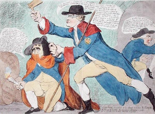 Guy Vaux upptäcktes i försöket att förstöra kungen och överhuset, publicerad av Hannah Humphrey 1791 (handfärgad etsning) av James Gillray