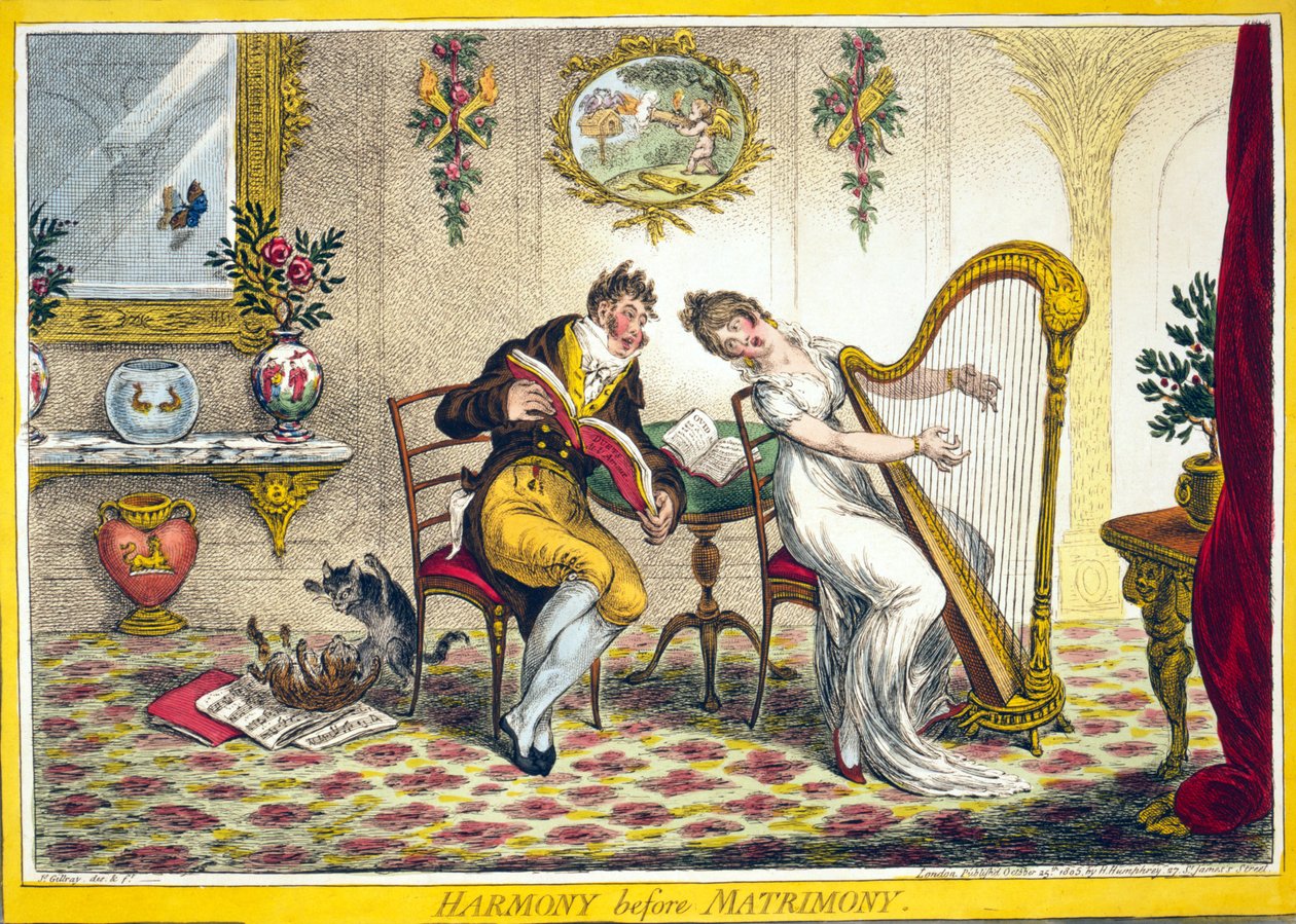 Harmony before Matrimony, pub. Hannah Humphrey, 25 oktober 1805 (handfärgad gravyr) av James Gillray