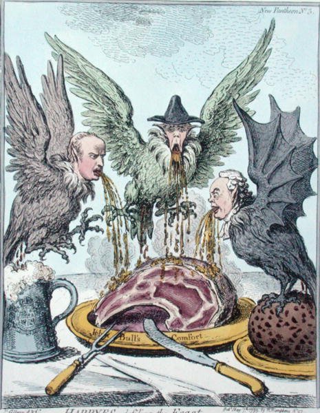 Harpyier som förstör festmåltiden, utgiven av Hannah Humphrey 1799 (handkolorerad etsning) av James Gillray