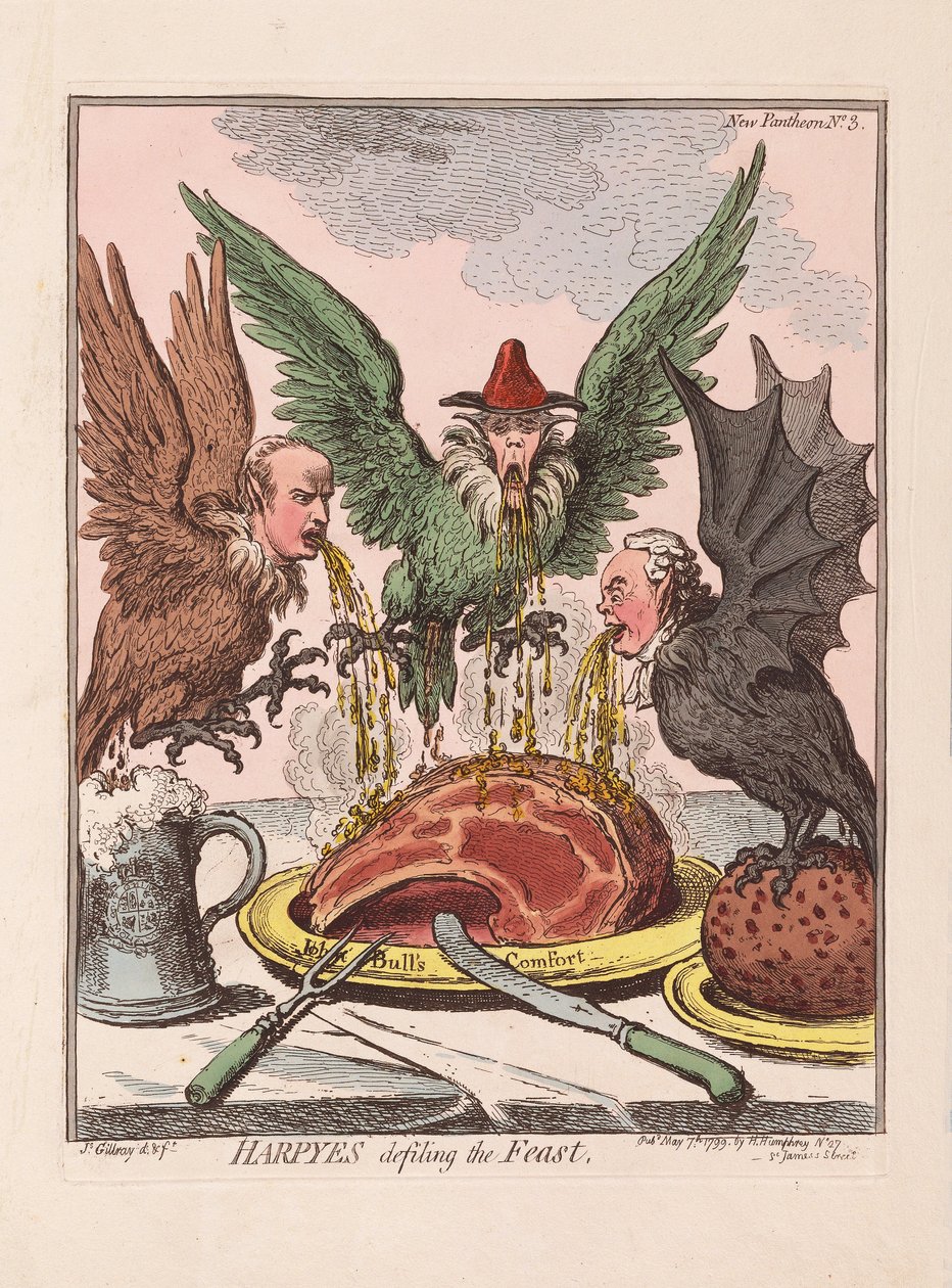 Harpyes som smutsar högtiden, pub. 1799 (handfärgad gravyr) av James Gillray