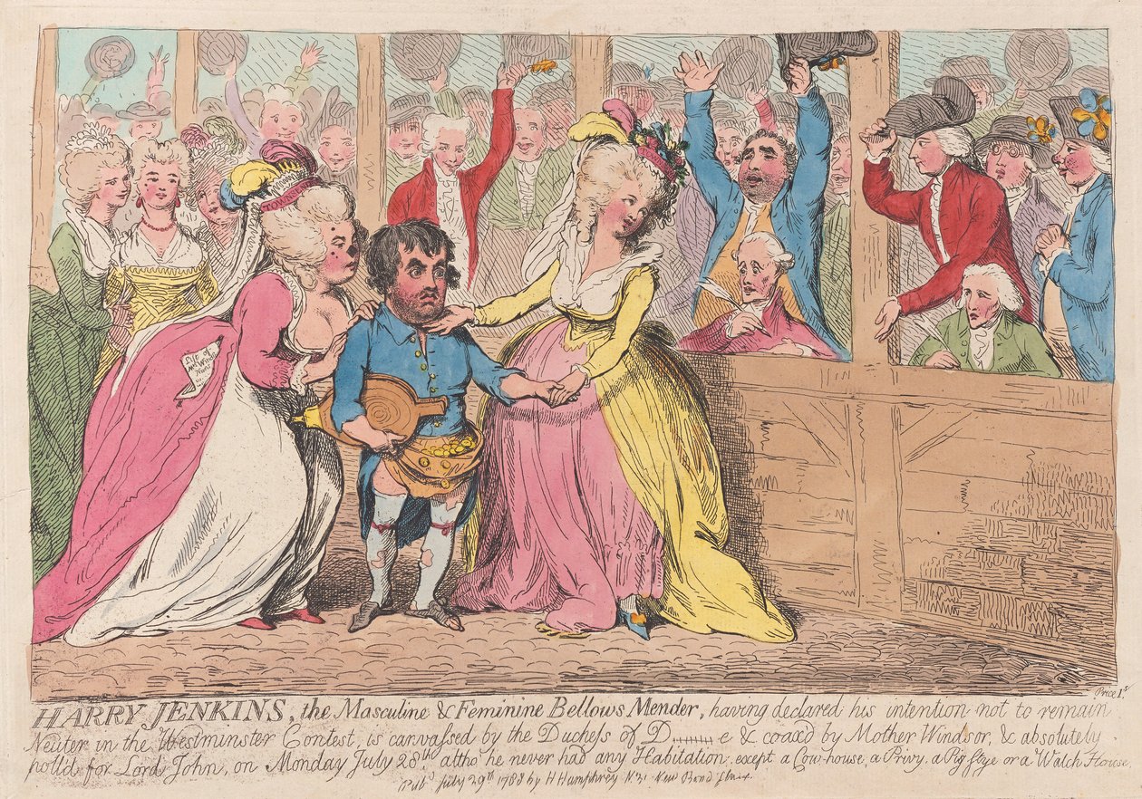 Harry Jenkins, den maskulina och feminina bälgmendern, pub. 1788 (handfärgad gravyr) av James Gillray