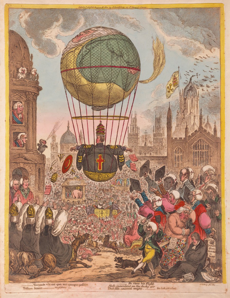 Han styr sin Flight, pub. 1810 (handfärgad gravyr) av James Gillray