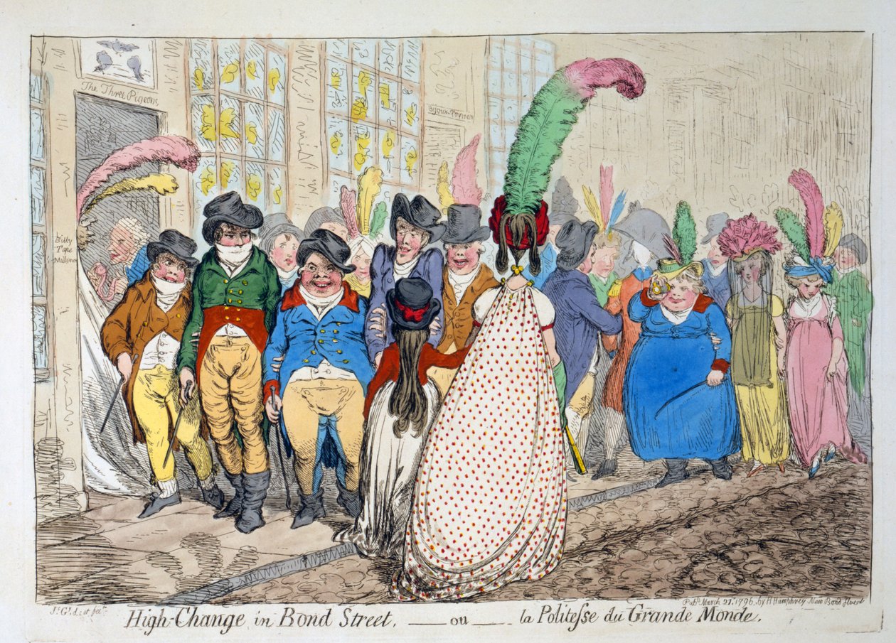 High Change in Bond Street eller la Politesse du Grande Monde, 1796 (handkolorerad gravyr) av James Gillray