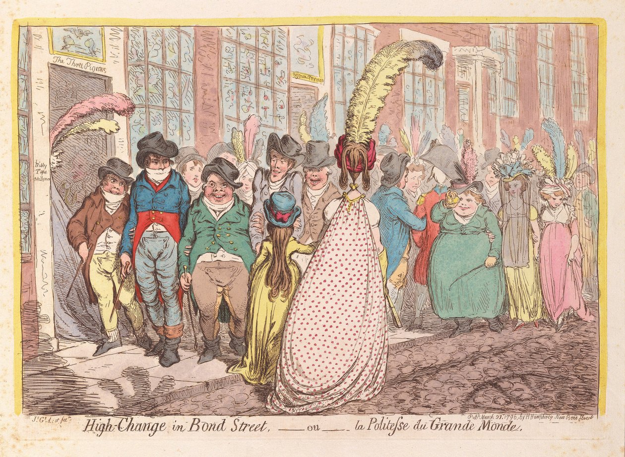 High Change i Bond Street, eller The Politeness of Great Worlds, pub. 1796 (handfärgad gravyr) av James Gillray
