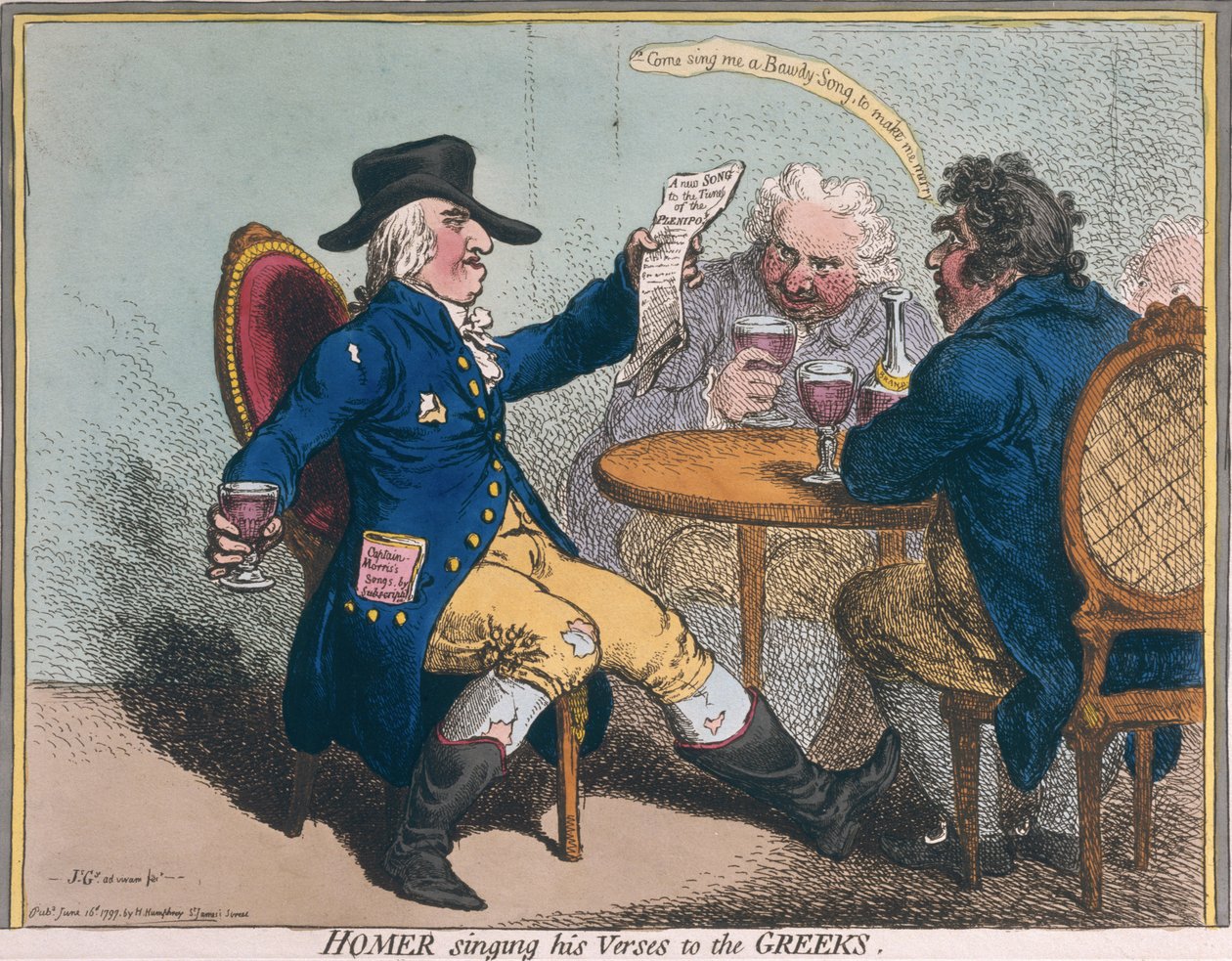 Homer sjunger sina verser till grekerna, publicerad av Hannah Humphrey 1797 (handfärgad etsning) av James Gillray