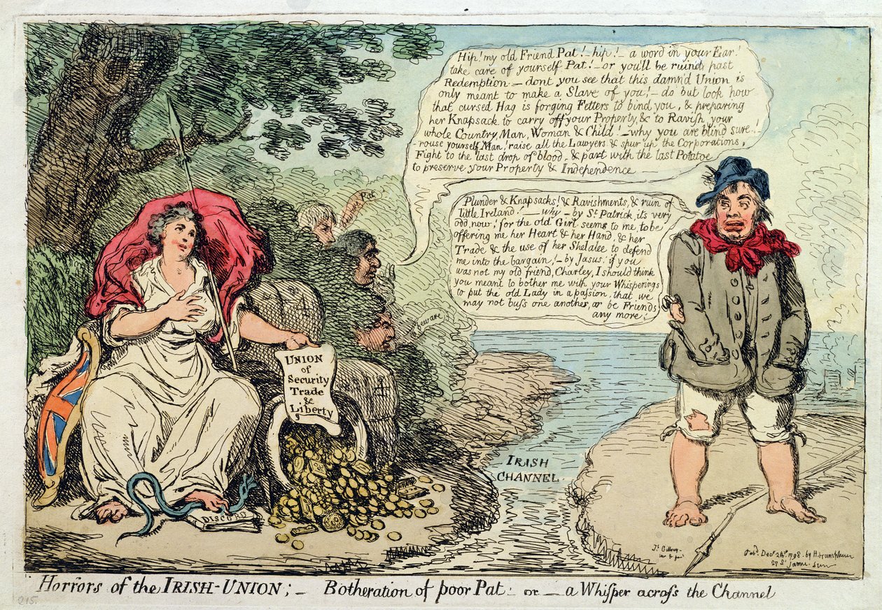 Den irländska unionens fasor: Botheration of Poor Pat, or A Whisper across the Channel, utgiven av Hannah Humphrey 1798 (handkolorerad etsning) av James Gillray