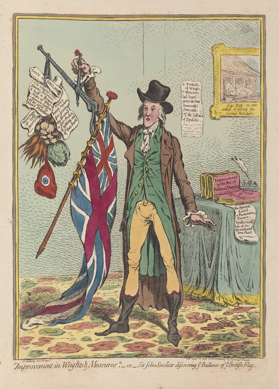 Förbättring av vikter och mått eller att Sir John Seeclear upptäcker varje balans i varje brittisk flagga, pub. 1798 (handfärgad gravyr) av James Gillray