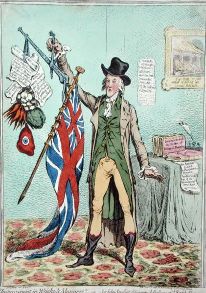 Improvement in Weights and Balances, or Sir John Seeclear discovering the Balance of the British Flag, publicerad av Hannah Humphrey 1798 (handkolorerad etsning) av James Gillray