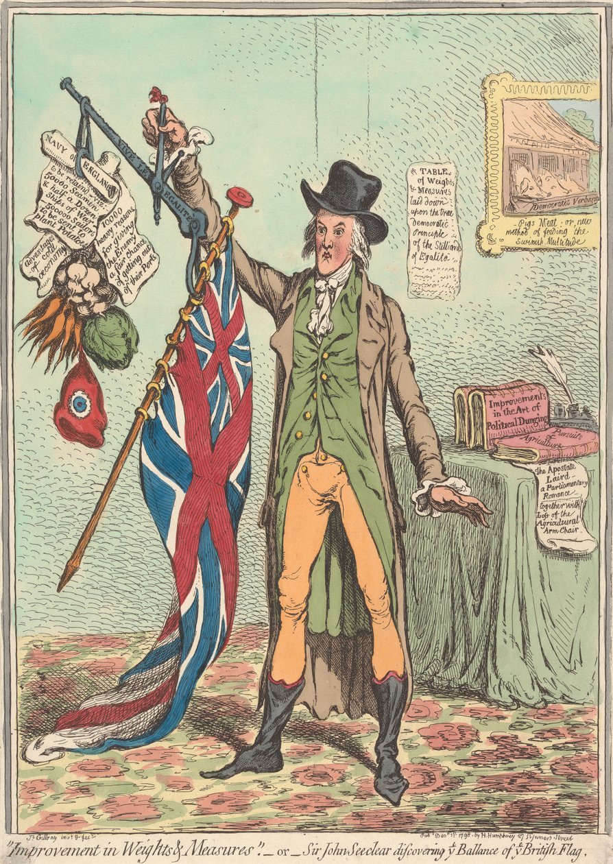 Förbättringar inom mått och vikt. – eller – ”Sir John Seeclear upptäcker varje flaggas balans” (ur: Caricature, vol. 1) av James Gillray