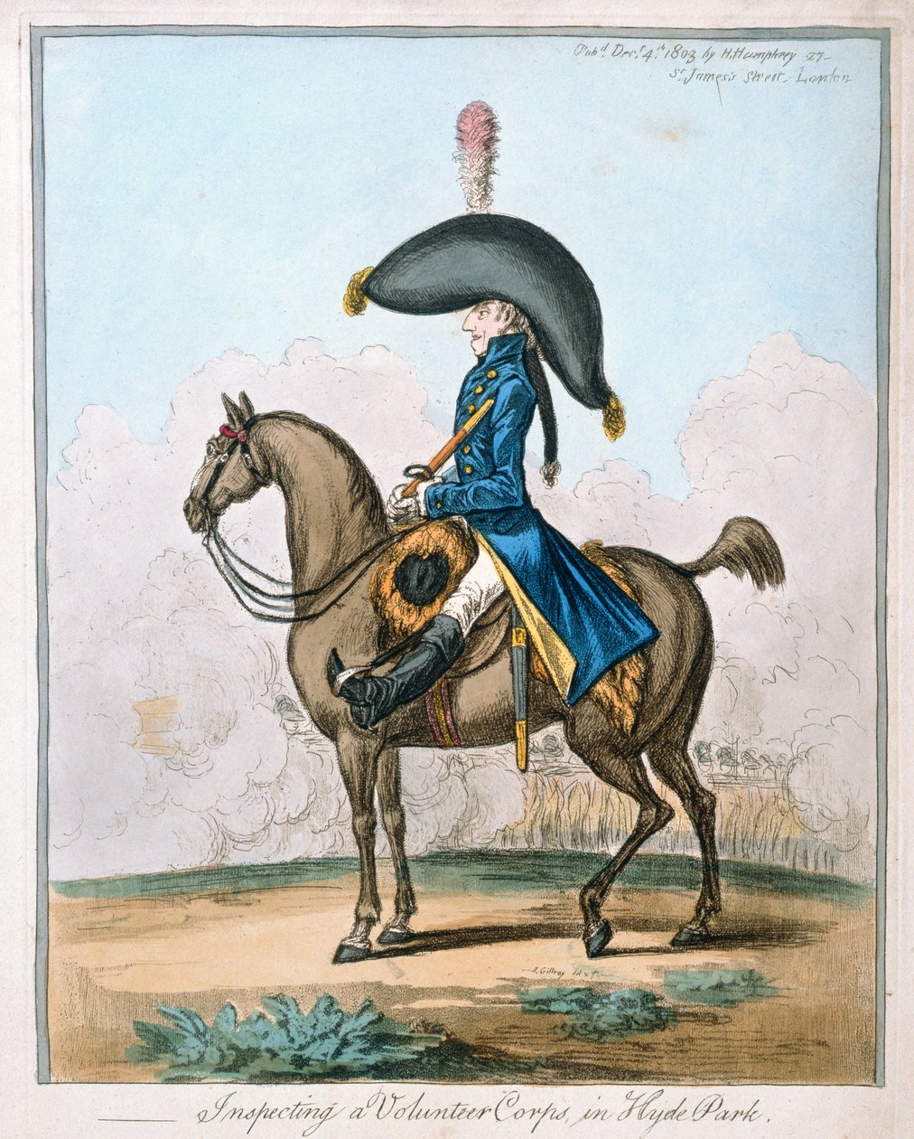 Inspecting a Volunteer Corps in Hyde Park, publicerad av Hannah Humphrey 1803 (handfärgad etsning) av James Gillray