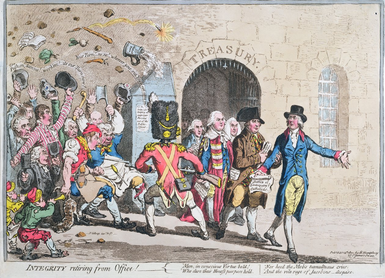 Integrity Retiring from Office, publicerad av Hannah Humphrey 1801 (handfärgad etsning med akvatint) av James Gillray