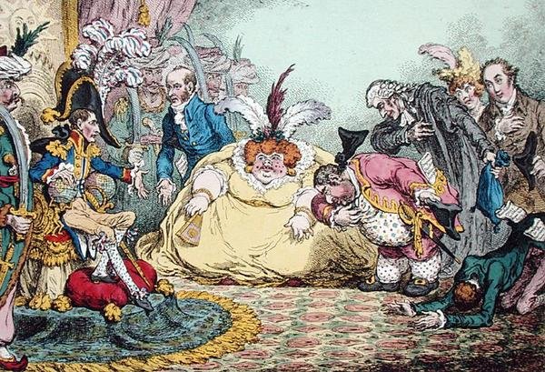Introduktion av Citizen Volpone & his Suite i Paris, publicerad av Hannah Humphrey 1802 (handfärgad etsning) av James Gillray