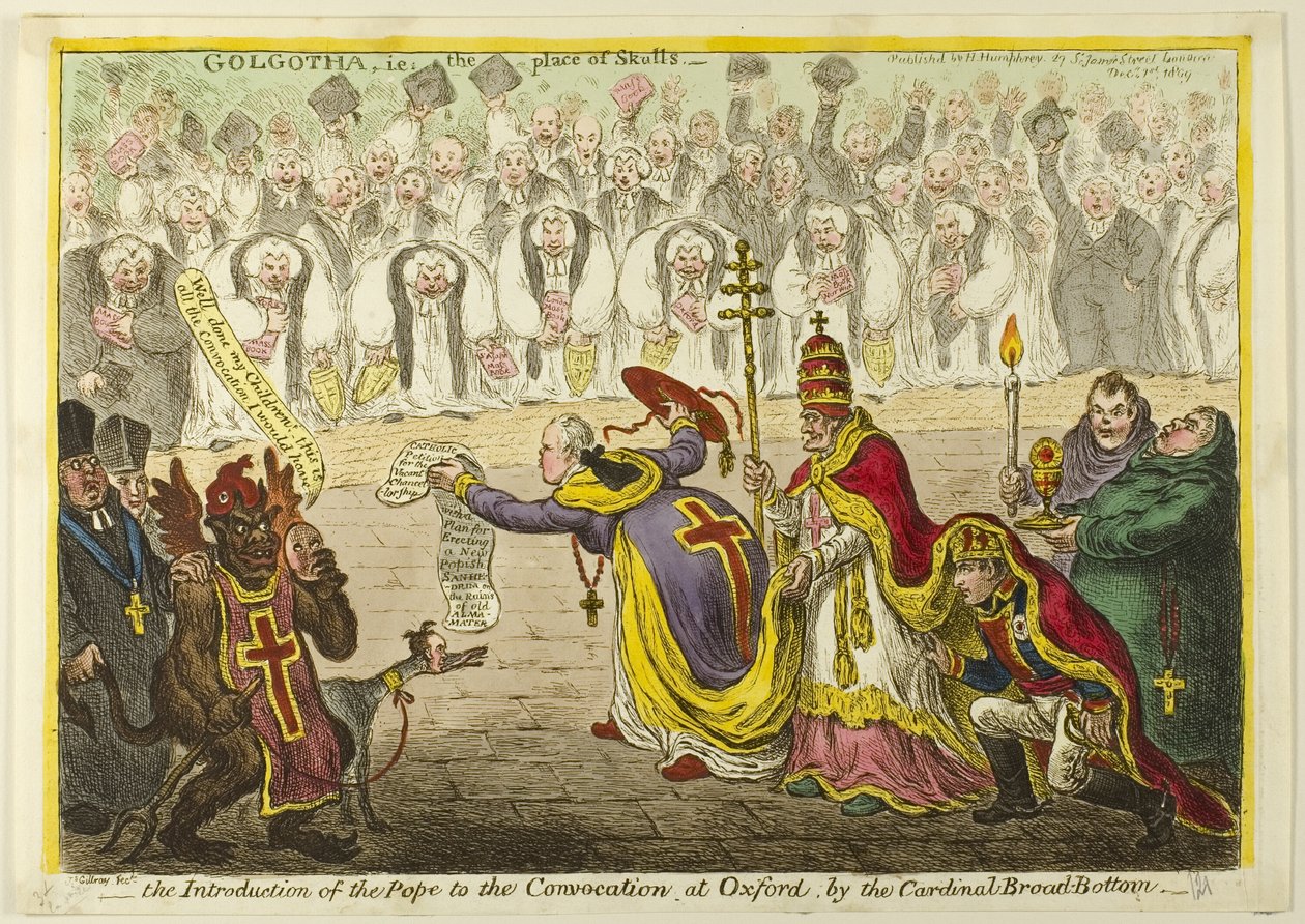 Kardinal Broad-Bottoms presentation av påven inför församlingen i Oxford av James Gillray