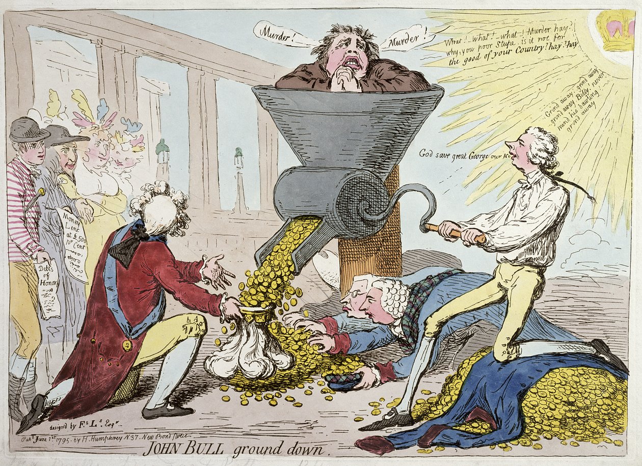 John Bull Ground Down, utgiven av Hannah Humphrey 1795 (handkolorerad etsning) av James Gillray