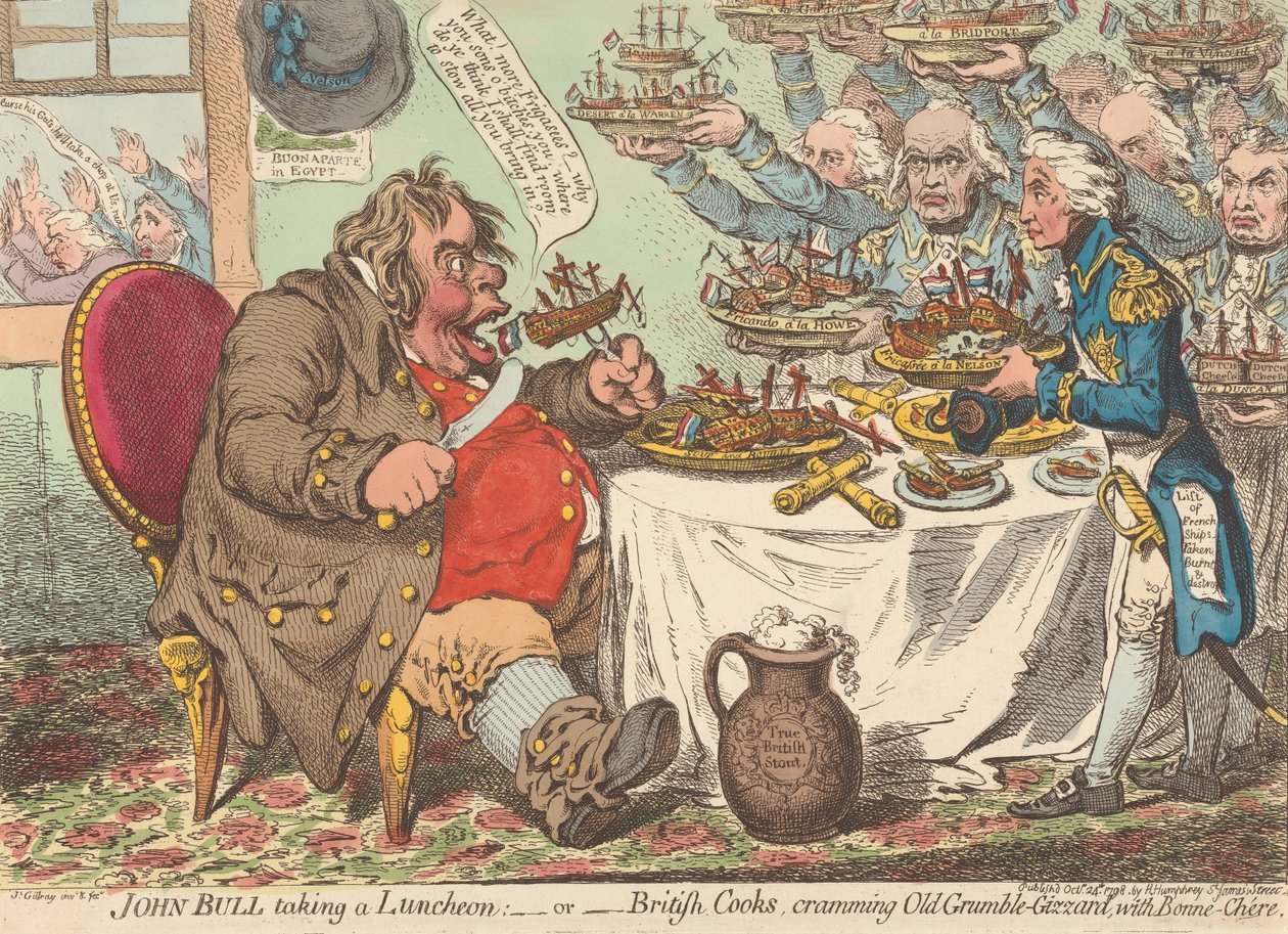 John Bull äter lunch - eller - Brittiska kockar proppar den gamle Grinmagen full med god mat (ur: Caricature, vol. 1) av James Gillray