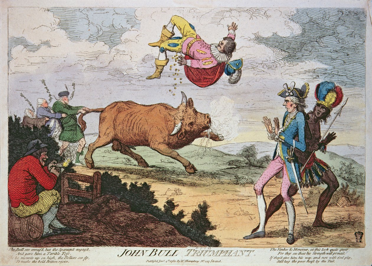 John Bull Triumphant, publicerad av William Humphrey, 4 januari 1780 (färgad litografi) av James Gillray