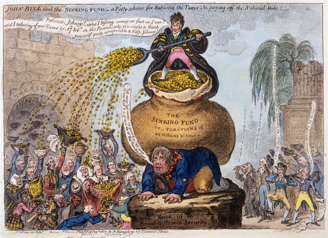 John Bull and The Sinking Fund - a Petty scheme for Reducing the Taxes und paying off the National Debt, pub. H Humphrey, London, 1807 (handkolorerad engaving). av James Gillray