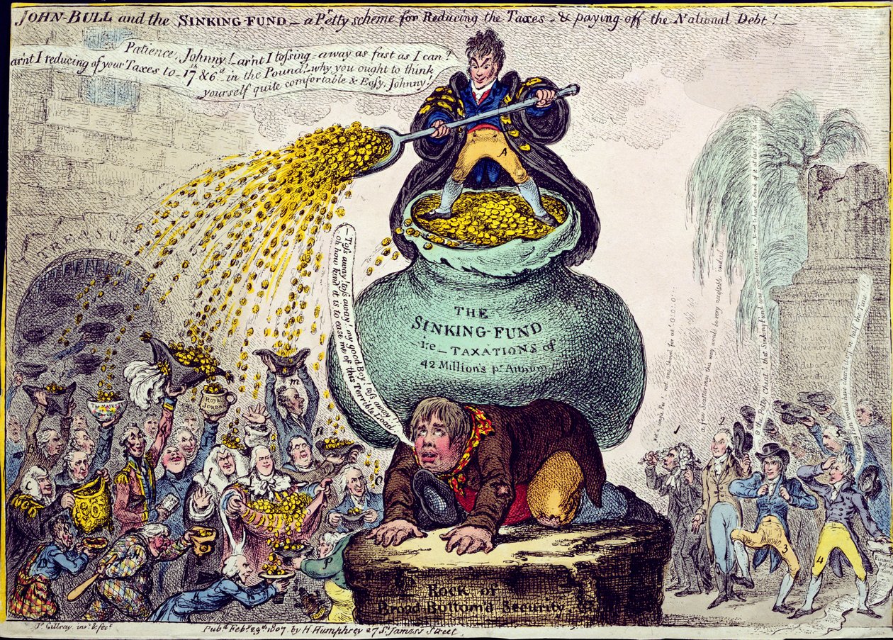 John Bull and the Sinking Fund or A Pretty Scheme for Reducing Taxes and Paying off the National Debt, utgiven av Hannah Humphrey 1807 (handkolorerad etsning) av James Gillray