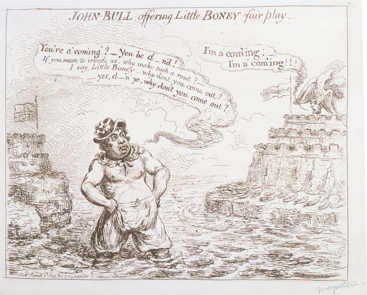 John Bull erbjuder Little Boney fair play, utgiven av Hannah Humphrey 1803 av James Gillray