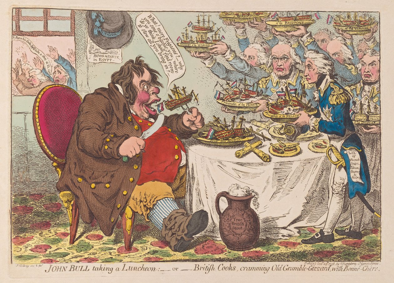 John Bull tar Luncheon eller brittiska kockar som proppar Old Grumble Gizzard med Bonne Chere, pub 1798 (handfärgad gravyr) av James Gillray