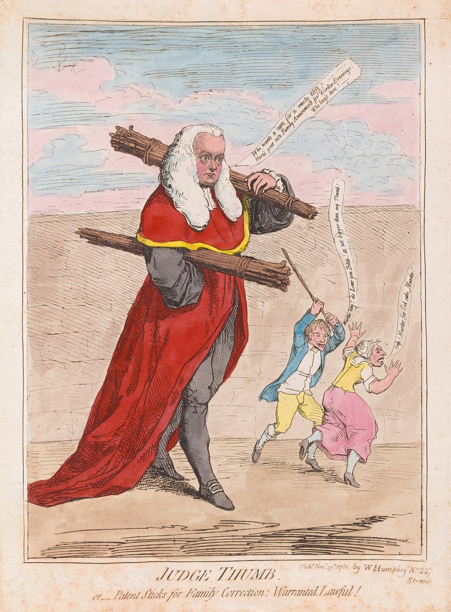 Domaretummen, eller Patentsticks för familjerättelse berättigad laglig, pub. 1782 (handfärgad gravyr) av James Gillray