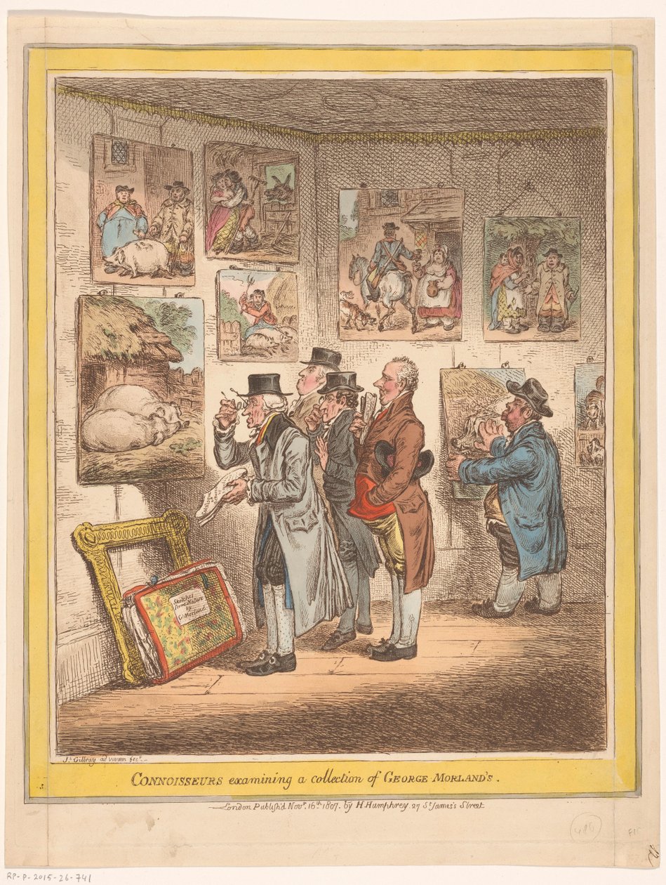 Konstkännare ser målningar av George Morland Konnässörer undersöker en samling av George Morlands (titel på objekt) av James Gillray
