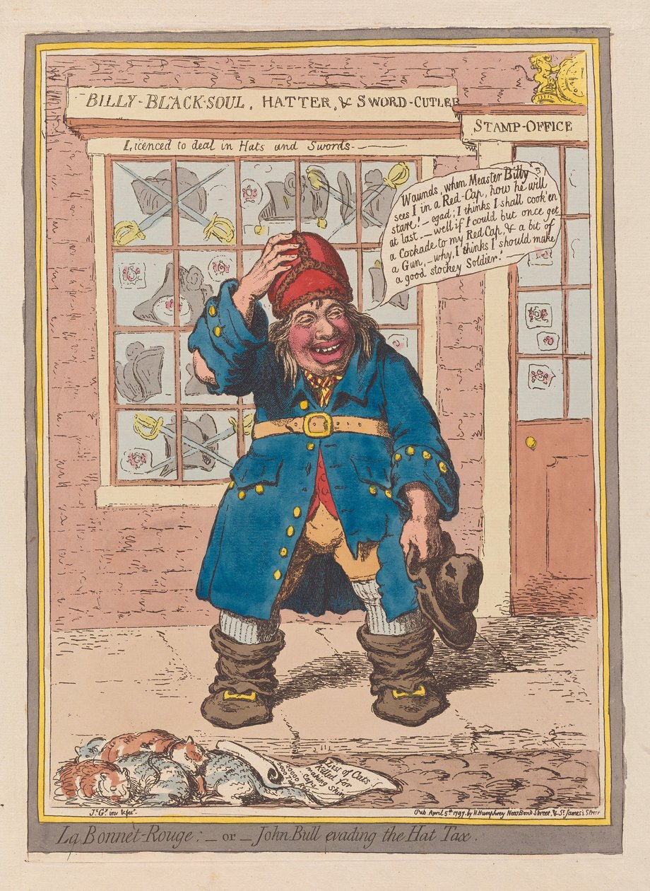 La Bonnet Rouge eller John Bull som undviker hattskatten, pub. 1797 (handfärgad gravyr) av James Gillray