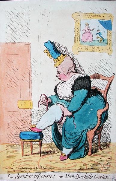 La Derniere Resource, eller Van Buchells Garters, publicerad av Hannah Humphrey 1791 (handfärgad etsning) av James Gillray