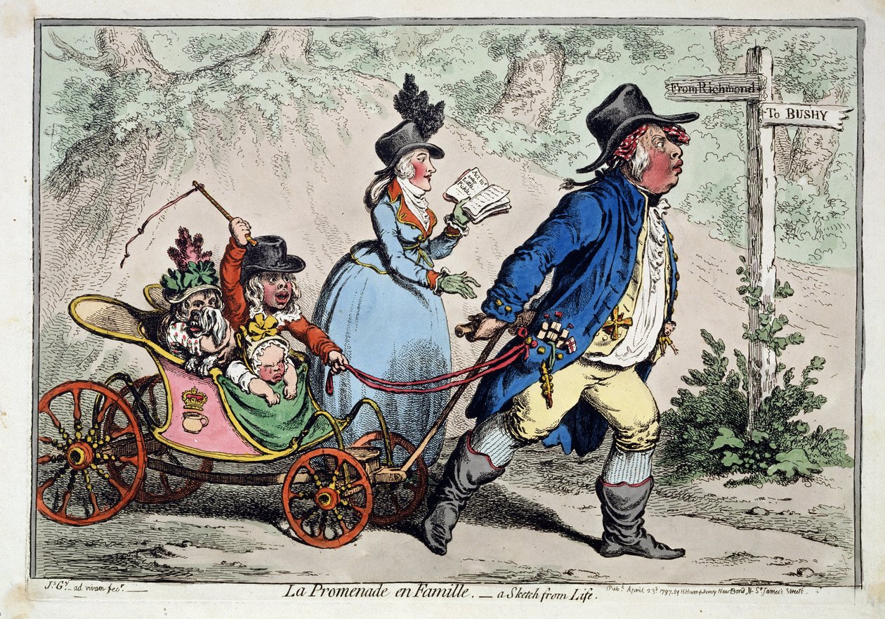 ""The Family Walk"" Karikatyrporträtt av en engelsk borgerlig familj. Teckning och akvarell av James Gillray (1757-1815) 1797 Pushkin Museum, Moskva av James Gillray