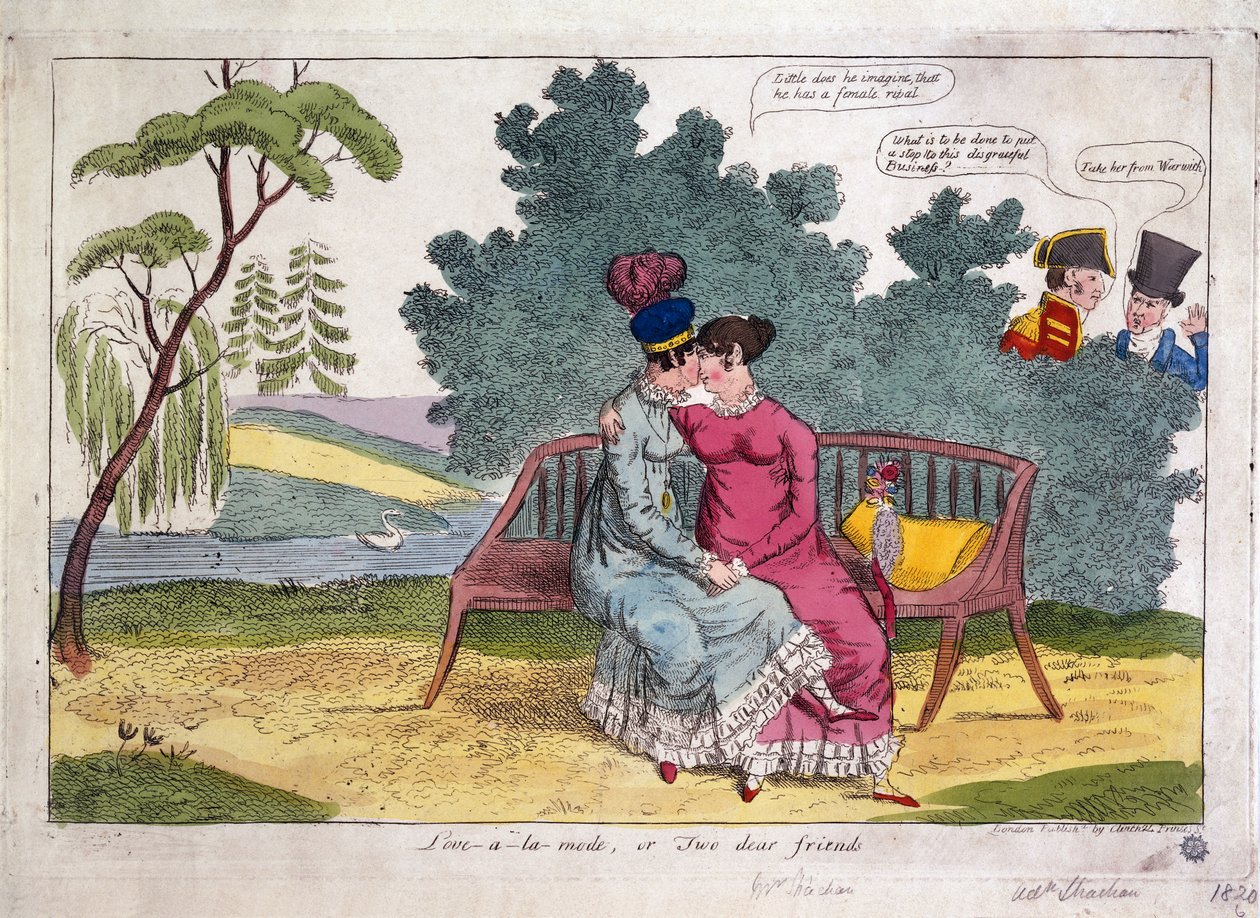 Lady Strachan och Lady Warwick älskar i en park, medan deras män tittar på med ogillande. av James Gillray