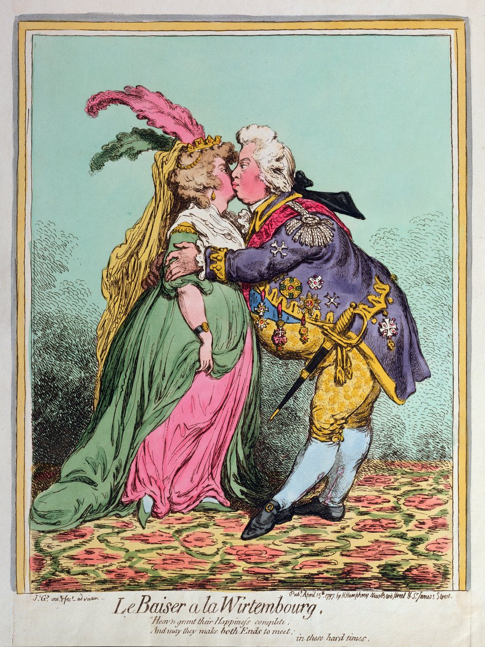 Le Baiser a la Wirtembourg, utgiven av Hannah Humphrey 1797 (handfärgad etsning) av James Gillray