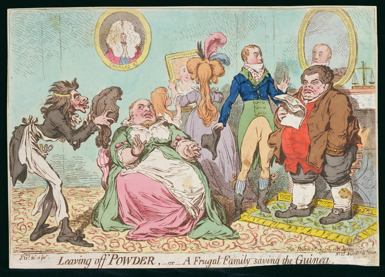Leaving off Powder, or A Frugal Family save the Guinea, publicerad av Hannah Humphrey 1795 (handfärgad etsning) av James Gillray