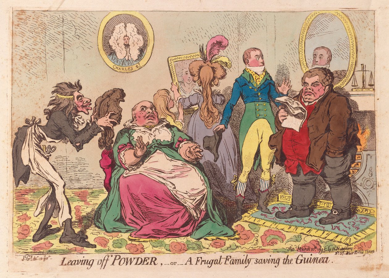 Leaving off Powder, or a Frugal Family save the Guinea, pub.1795 (handfärgad gravyr) av James Gillray