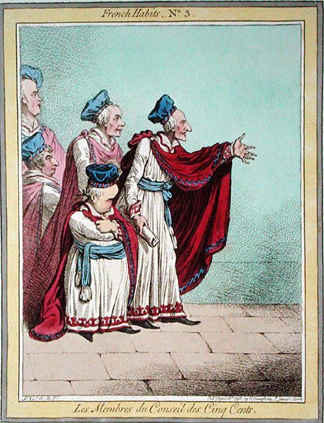 Les Membres du Conseil des Cinq Cents, plåt 3 av "Franska vanor", publicerad av Hannah Humphrey 1798 (färgad etsning) av James Gillray