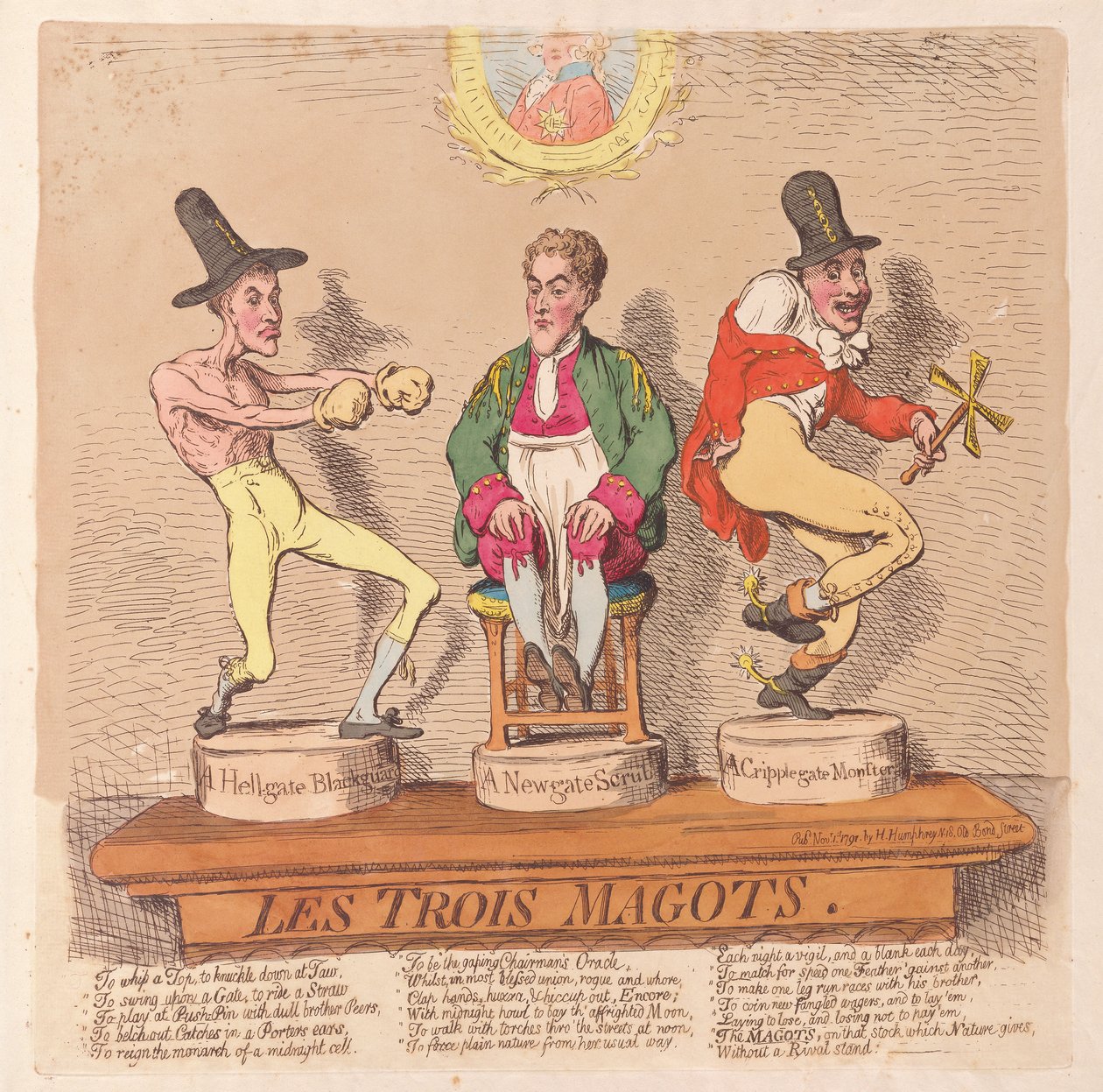 Les Trois Magots, pub. 1791 (handfärgad gravyr) av James Gillray