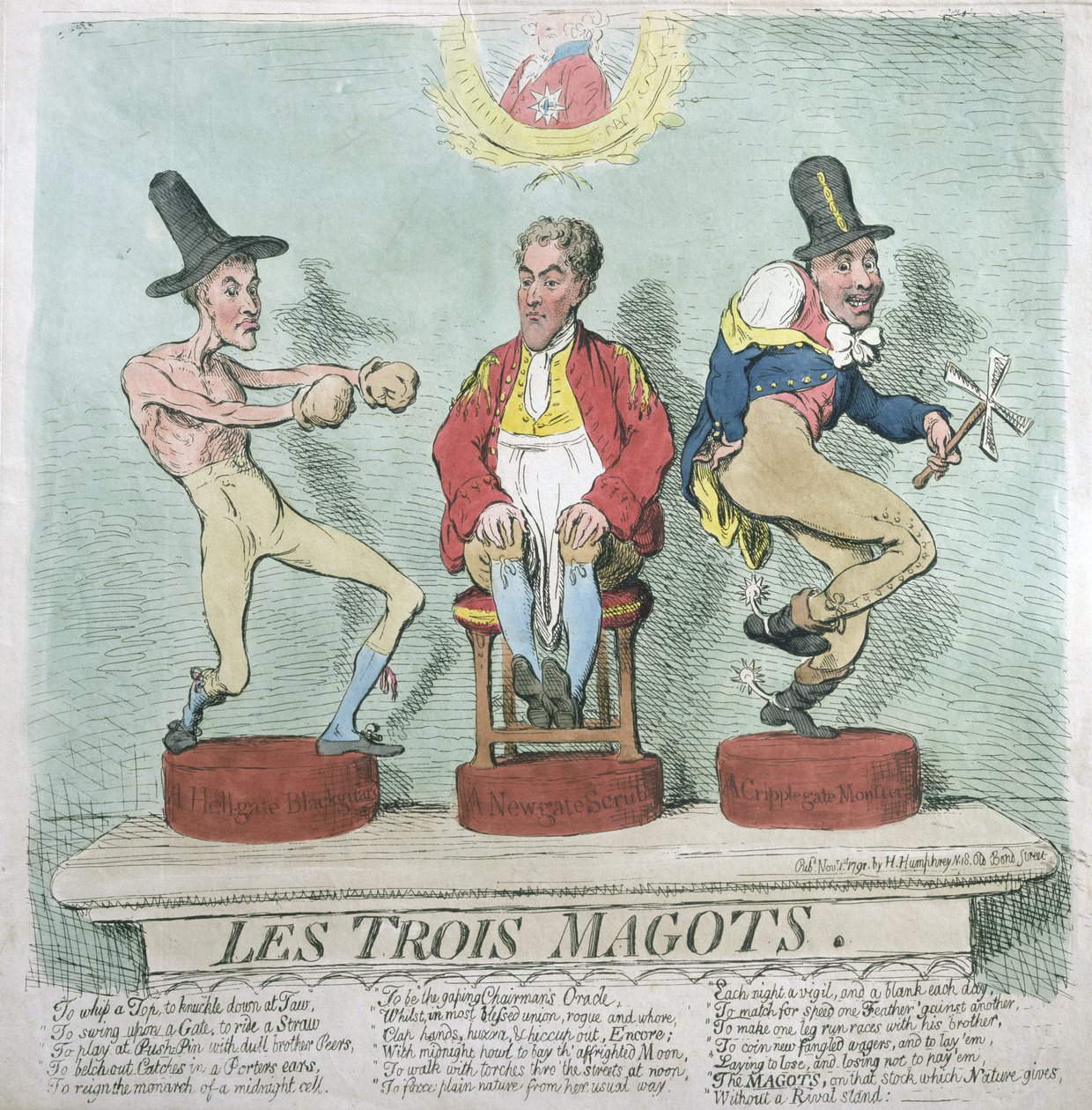 Les Trois Magots, utgiven av Hannah Humphrey 1791 (handkolorerad etsning) av James Gillray