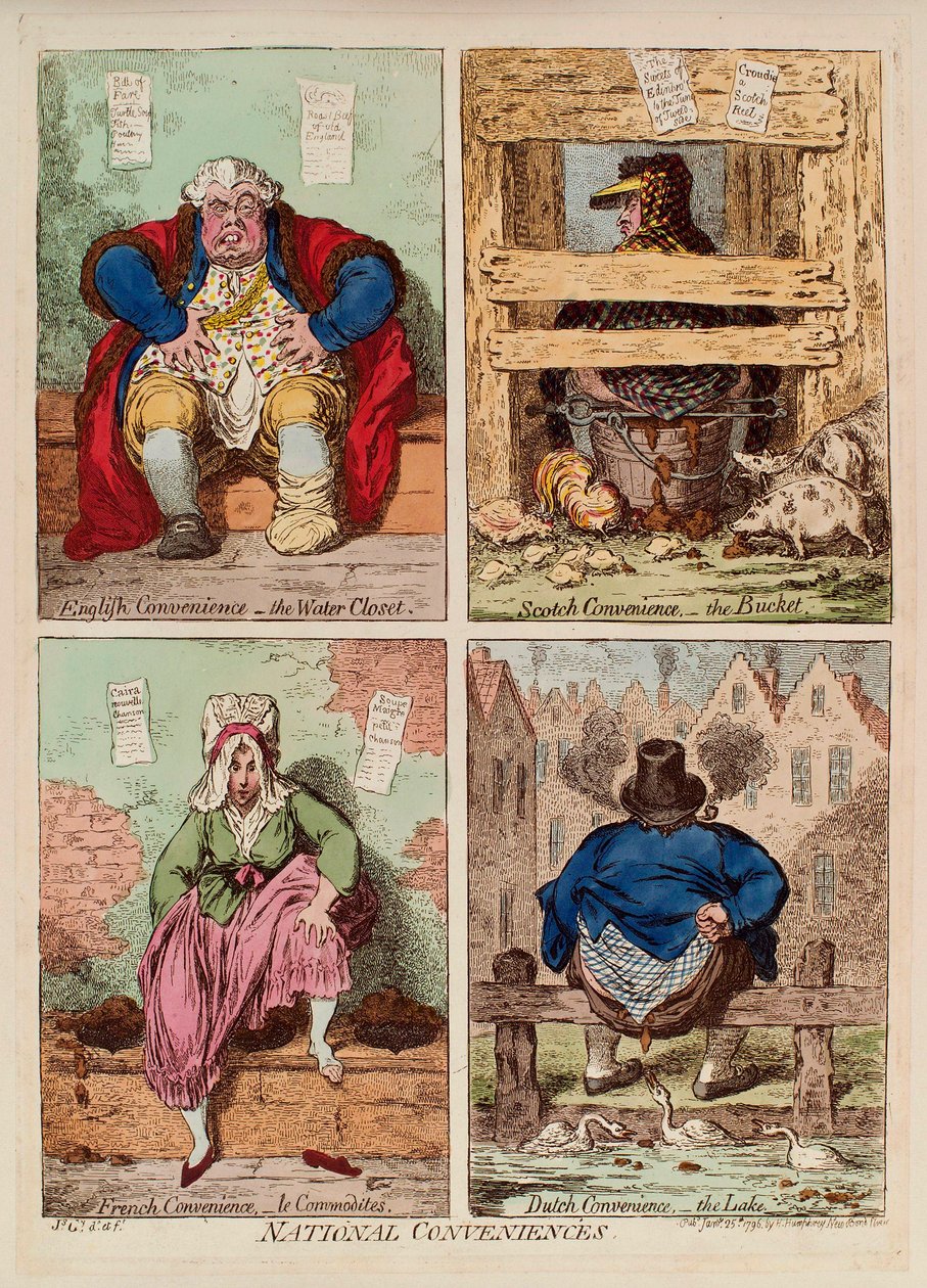 Nationella varor. (beskrivning och jämförelse av toaletter i England, Skottland, Frankrike och Holland). Verk av James Gillray (1757-1815), gravyr och akvarell av James Gillray