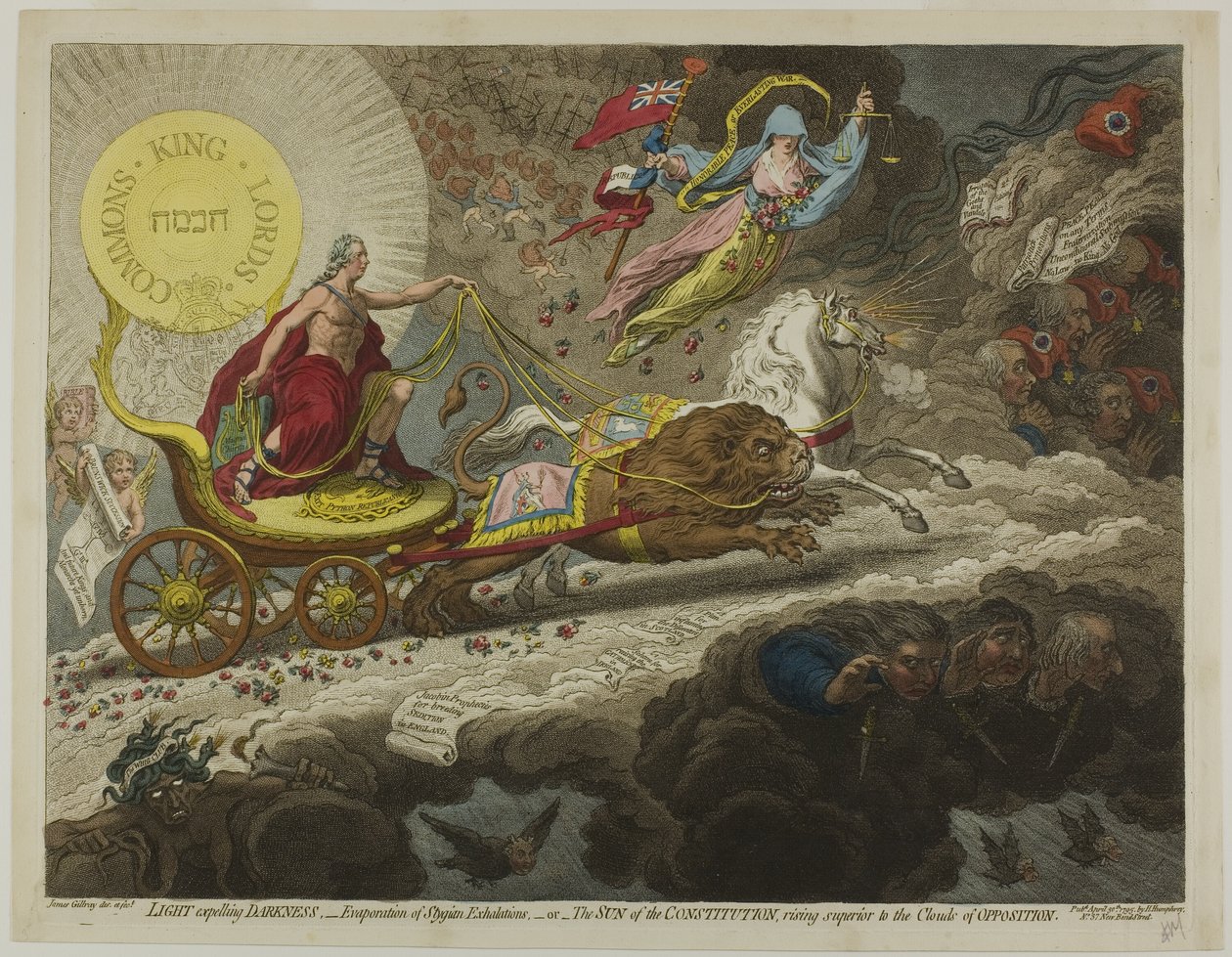 Ljus som utvisar mörker,-avdunstning av stygiska utandningar,-eller-The Sun of the Constitution, Rising Superior to the Clouds of Opposition av James Gillray