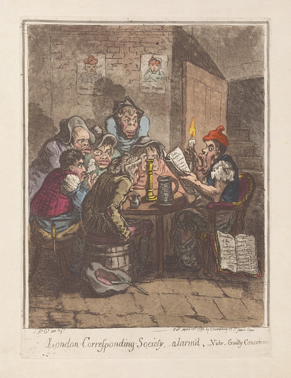 London Corresponding Society, alarmerad, se. Guilty Consciences, pub. 1796 (handfärgad gravyr) av James Gillray