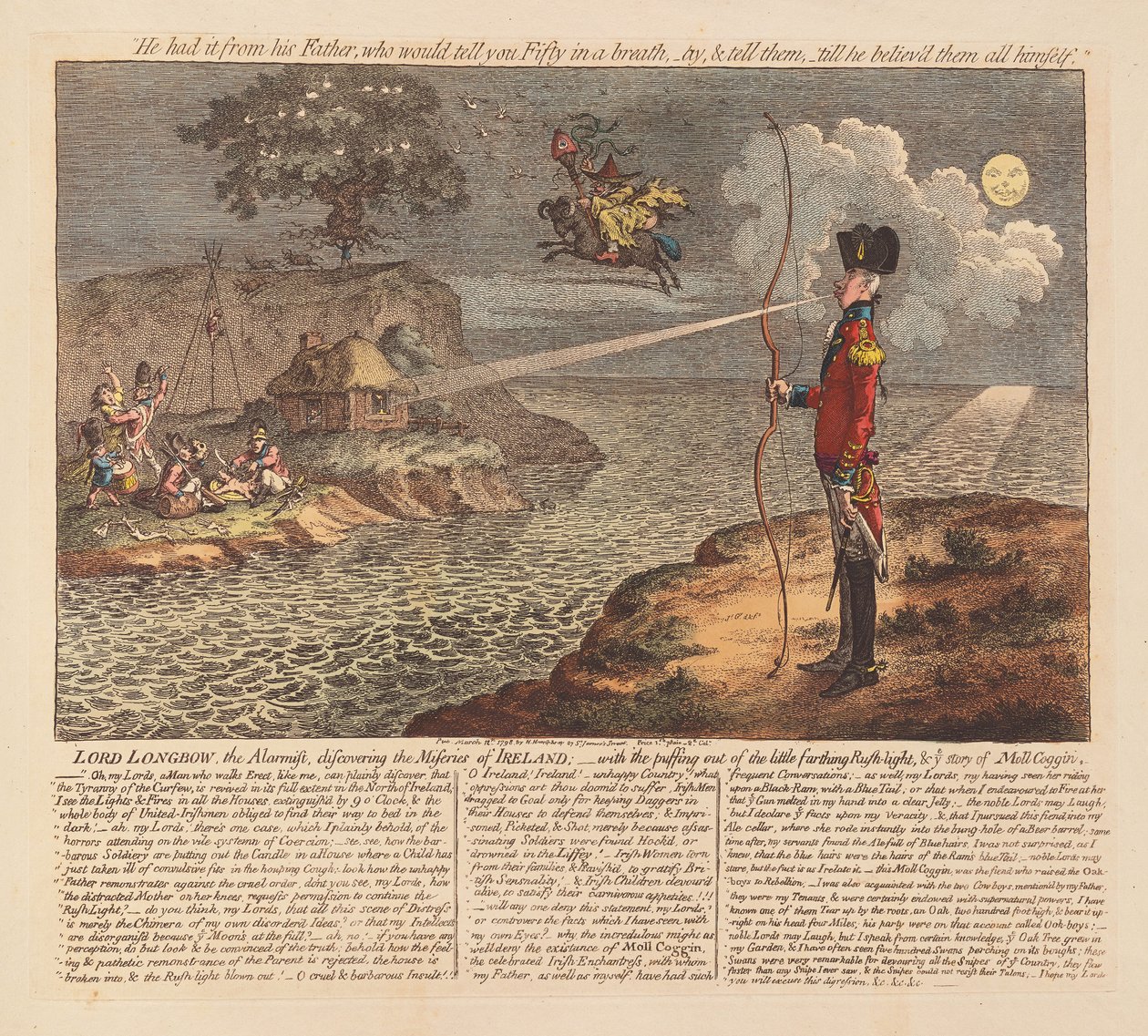 Lord Longbow, Alarmisten, upptäcker Irlands elände, pub. 1798 (handfärgad gravyr) av James Gillray
