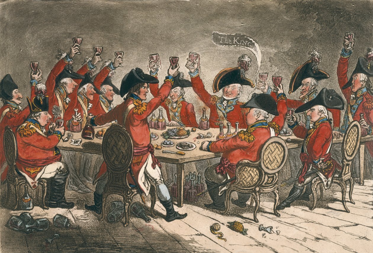 Loyal Souls, or A Peep into the Mess Room at St. James, utgiven av Hannah Humphrey 1797 (handkolorerad etsning) av James Gillray